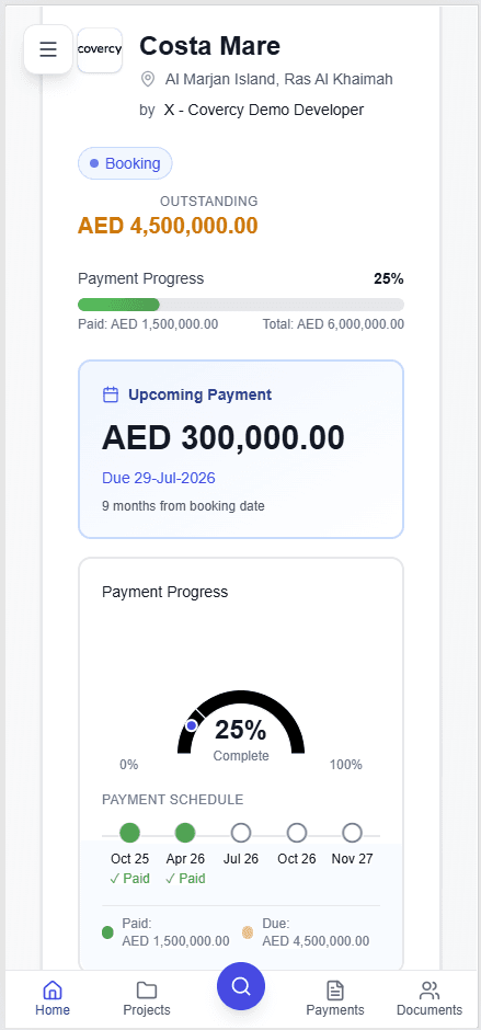 Covercy Prime لوحة المشتري - تتبع تقدم الدفع وتفاصيل المشروع للمستثمرين العقاريين