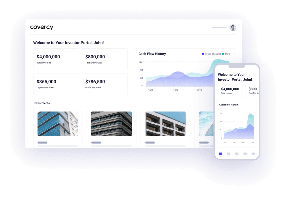 לוח מחוונים של פורטל המשקיעים של Covercy עם ביצועים בזמן אמת